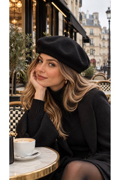 MARBERRY قبعة رسامات فرنسية من الصوف الأسود للنساء