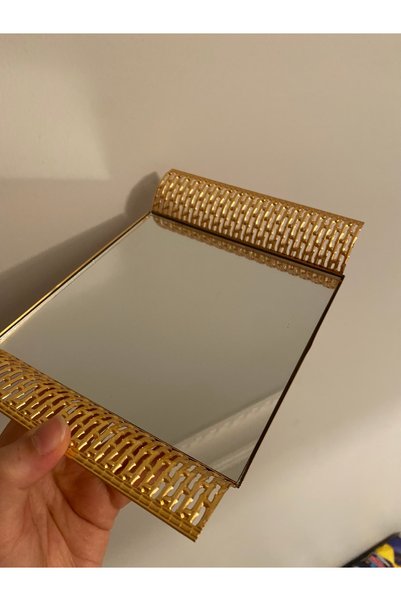 Gold Detaylı Aynalı Metal Sunum Tepsisi – Kare Kahve & Söz Nişan İkram Tepsisi