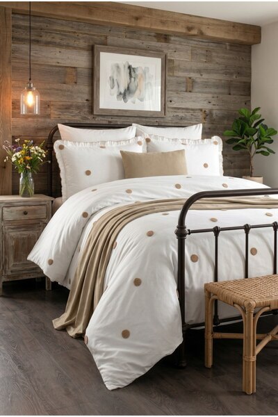 Minelya Home Collection طقم سرير مزدوج من القطن مكون من 8 قطع مع كشكشة مطرزة ...