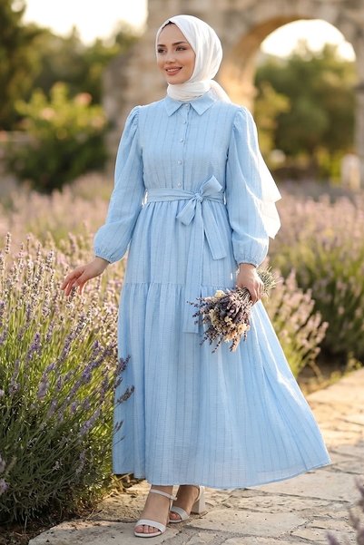 TOFİSA Balon Kol Kare Detaylı Kuşaklı Elbise Bebe Mavi - 28507-BEBE-MAVI
