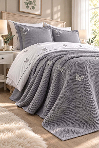 Minelya Home Collection 7 Pieces 100% Cotton 3D Butterfly Pattern and Pleated Double Duvet Cover Set