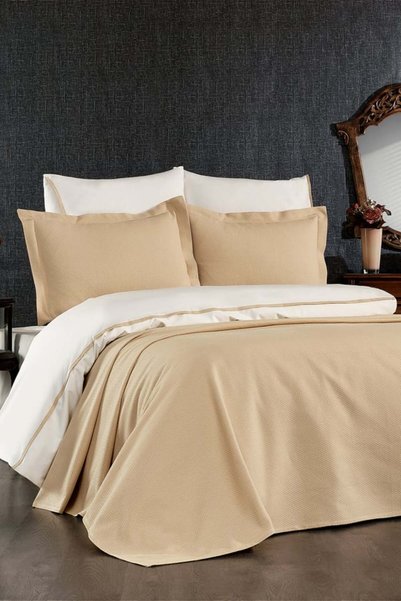 Minelya Home Collection 7 Piece Pique Bedspread Mimosa Double Beige Duvet Cov...