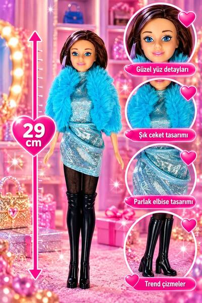 cayenna 29 cm Parlak Elbiseli Tüylü Ceketli ve Uzun Çizmeli Moda Bebek Modelleri