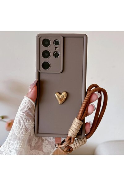 Choice85 Galaxy S25 Ultra Brown 3D Gold Heart Love Wrist Strap Case For S25 U...