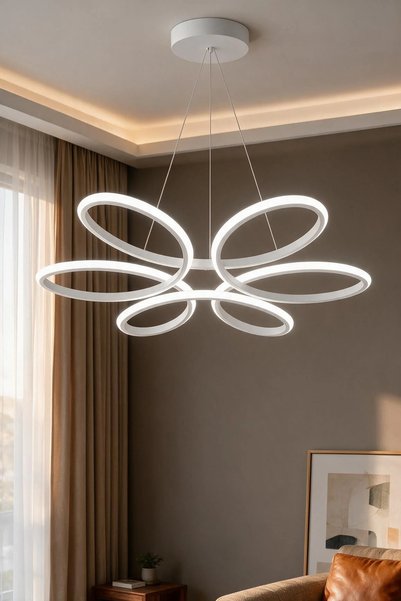 Elektroyou Lupin Beyaz Sarkık Power Beyaz Ledli Avize Modern Led Avize-Çap 60 cm
