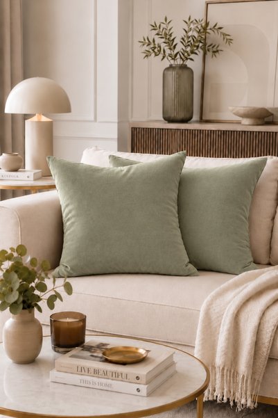 BURCIN HOME Sage Green Cushion Cover Set of Two Decorative Modern Sofa Cushio...