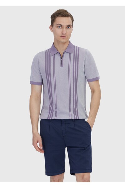 Ramsey Lilac Polo Neck Striped Cotton Blend Knitwear