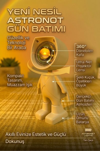 Jetcom Dimlenebilir Beyaz Astronot Gün Batımı Efektli Lambası Usb Kablolu Gün...