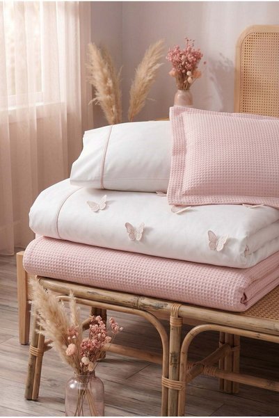 Minelya Home Collection 5 Piece Elastic Sheets, 3D Butterfly Patterned Children's Room Cotton Single Pink Duvet Cover Set