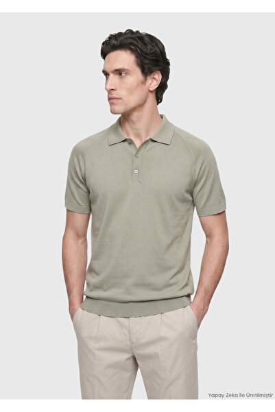 Ramsey Tricotaj verde cu guler polo, tricotat simplu, amestec de mătase
