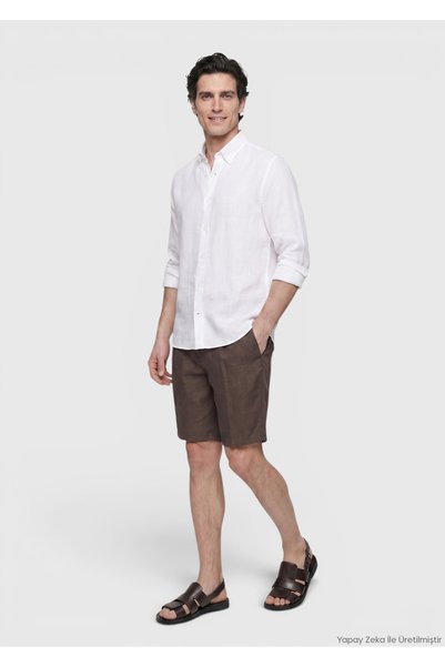 Ramsey Beyaz Düz Casual Fit Uzun Dokuma Casual %100 Keten Gömlek