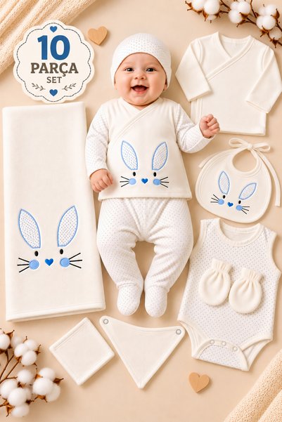 Petino 10 Piece Newborn Baby Set Gift Packaged with Rabbit Embroidery