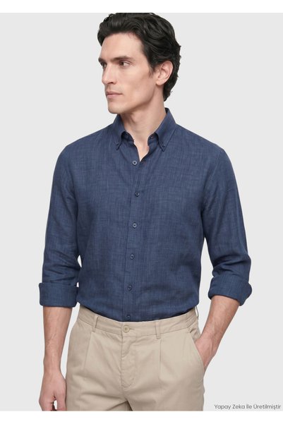 Ramsey Lacivert Regular Fit Uzun Dokuma Casual %100 Keten Gömlek