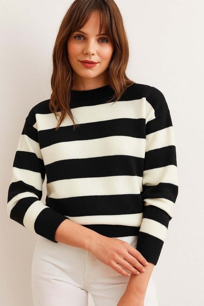 HAKKE Tricotaj cu dungi groase din acril, pulover crop