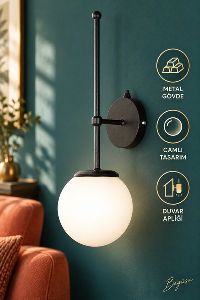 Begüsa Lavira Camlı Pilli Aplik Siyah, Modern Dekoratif Aplik, Pilli Duvar Ay...