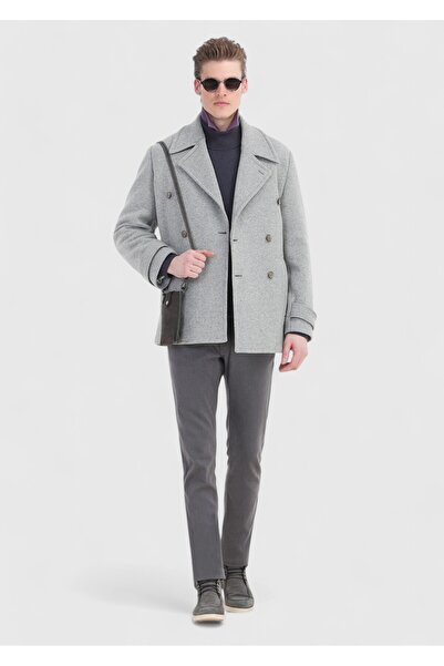Ramsey Γκρι Slim Fit Διπλό Πλεκτό Παλτό Casual