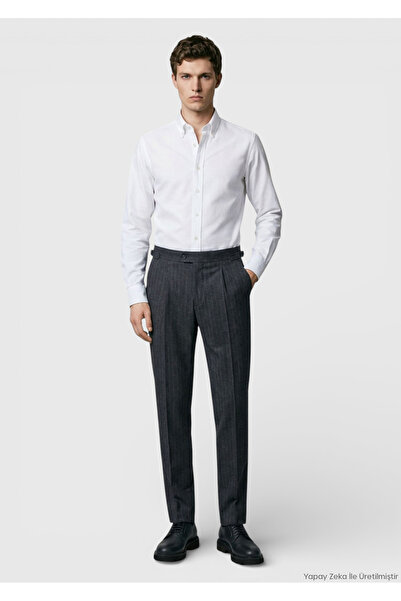Ramsey Antracit cu dungi țesut slim fit Casual amestec de lână Pantaloni