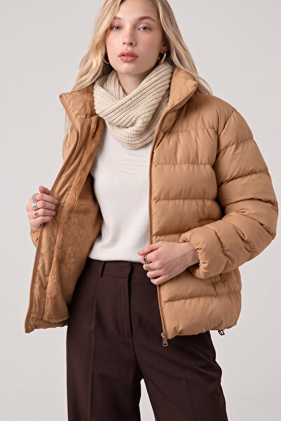 VODENS Women's Camel Sheepskin Waterproof Stand Collar Puffer Coat