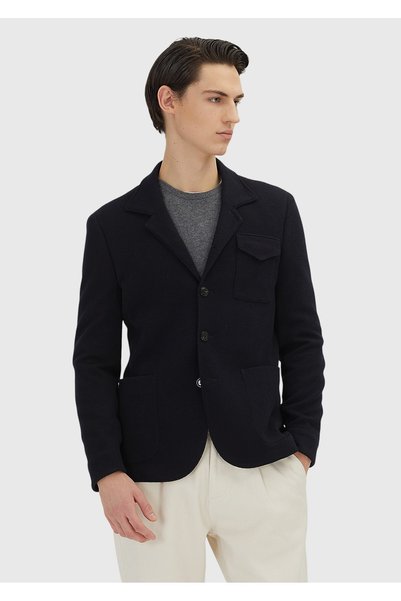 Ramsey Koyu Lacivert Düz Shirt Shoulder Slim Fit Yün Karışımlı Örme Ceket
