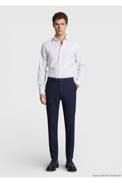 Ramsey Pantaloni clasici 100% lână, albastru marin, cu țesătură modernă