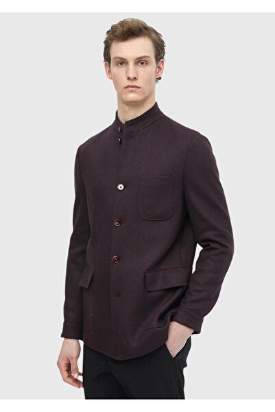 Ramsey Burgundy Plain Shirt Shoulder Slim Fit Wool Blended Knitted Jacket