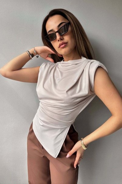Shopping Shop Omuz Padded Shoulders drapeli zero sleeve blouse tas