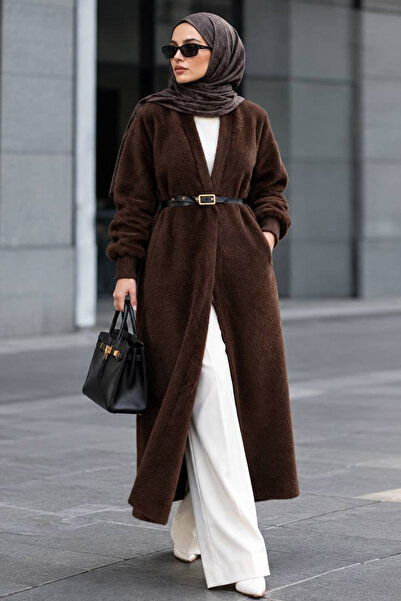 N.S NEVA STYLE Long Open Front Brown Beard Angora Hijab Knitwear Cardigan 251...