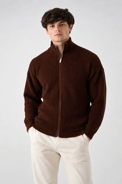 İLKCET MODA Cardigan supradimensionat din tricot Selanik premium maro cu fermoar