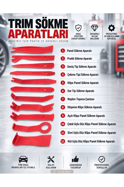 Unichrome Çantalı 19 Parça Araç Teyp Trim Sökme Aparatı Radyo Döşeme Kapı Motor Kapağı Sökme