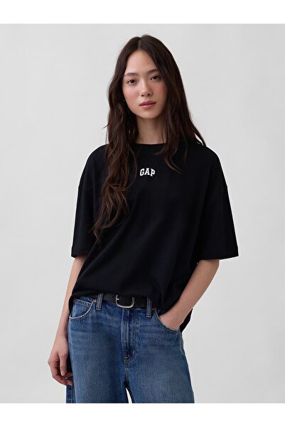 GAP Kadın Siyah Organik Pamuk VintageSoft Athletic Logo Tunik T-Shirt