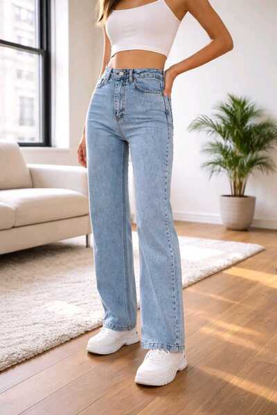 DRC trend Women's Blue Loose Fit Jean High Waist Snow Wash Jean Blue Palazzo Jeans