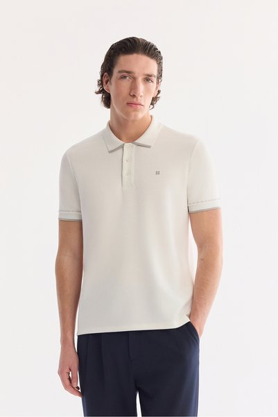 Avva Men's Ecru Non-Curling Polo Collar Buttoned Bi-Stretch Interlock Regular...