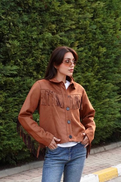 FLUTUR BUTİK Püsküllü Taba Süet Ceket Kovboy/Western Tarzı Püsküllü Süet Ceket