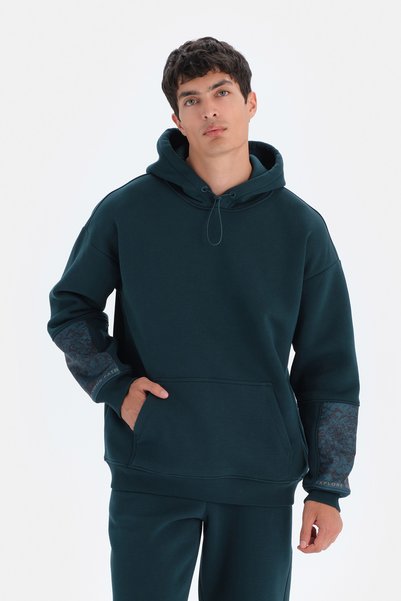 Dagi Dark Green Active Dark Hooded Sweatshirt with Sleeve Trim