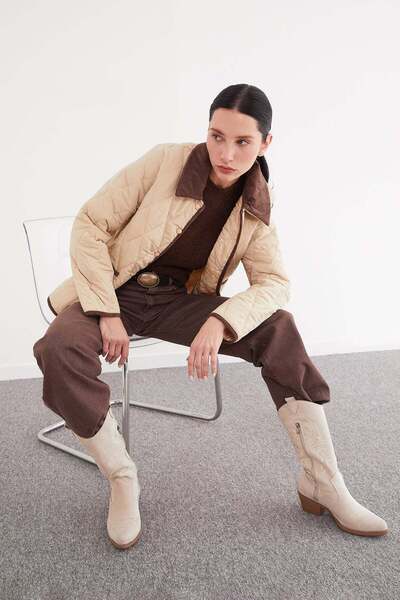 Fulla Moda Velvet Detail Polo Collar Quilted Jacket