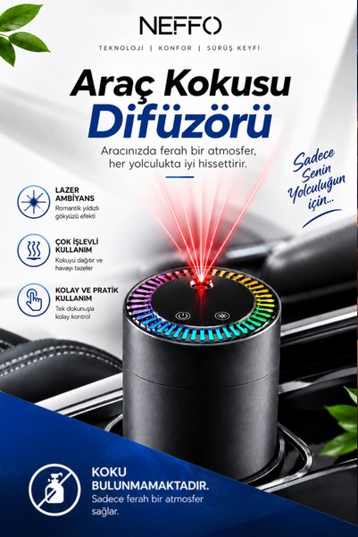 NEFFO Lazerli Araç İçi Aroma Difüzörü Hava Nemlendirici Rgb Işıklı Şarjlı Oda...