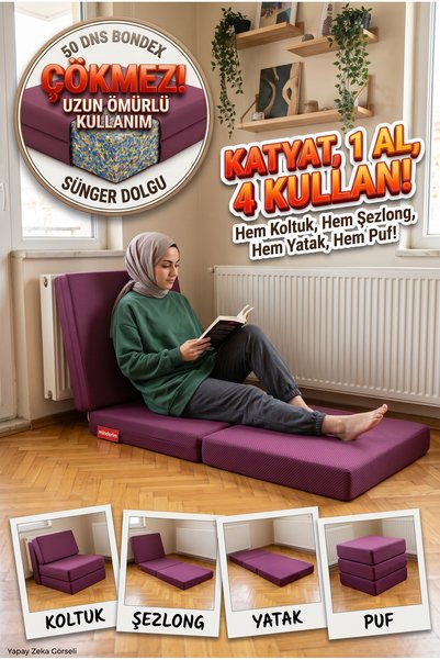 Minderim KATYAT Mürdüm 4'ü 1 Arada Katlanır Yatak, Cam Önü Sedir, Şezlong ve ...