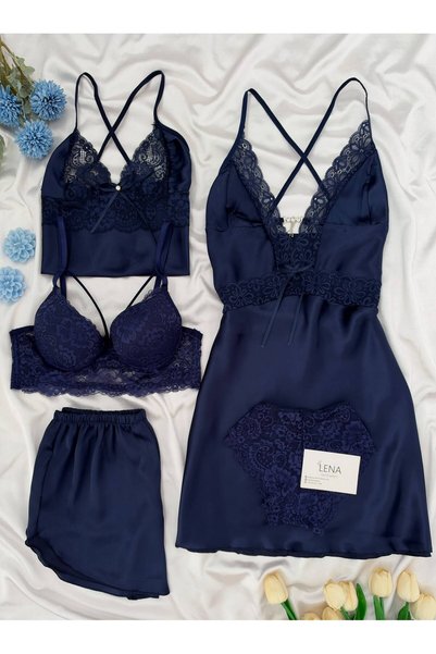 Lena Homewears Kadın 5'li Saten Gecelik Sütyen Şort Çeyiz Seti