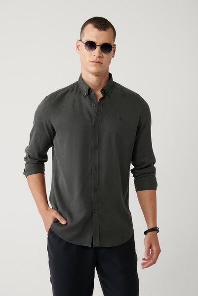 Avva Erkek Antrasit Düğmeli Yaka Keten Karışımlı Slim Fit Gömlek B002001