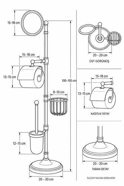vb vitrinbanyo Complete Bathroom Accessory Set with Stand, Chrome Brass Toilet Paper Holder, Toilet Brush, and Towel Holder