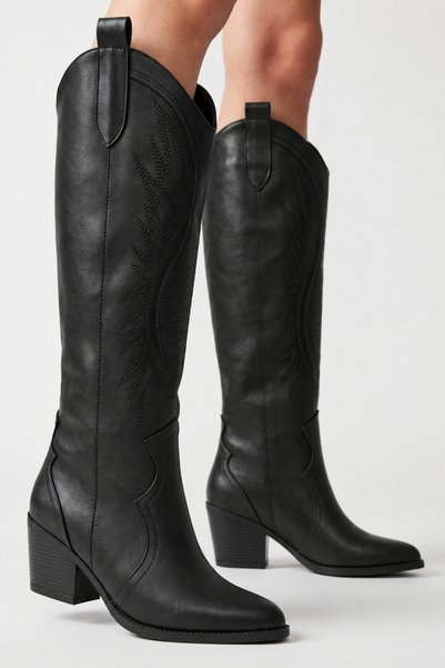 İX Django Cizme de cowboy western pentru femei, din piele, negre, brodate, cu...