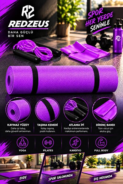 REDZEUS Konfor Zemin 7 mm Taşıma Askılı Pilates Minderi Yoga Matı + Atlama İp...