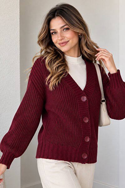 benguen Buttoned Knitwear Cardigan N512 Claret Red