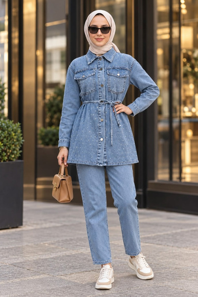 Hb Harma Time Butik Women's Stone Detailed Tunic Trousers Double Light Blue Denim Set