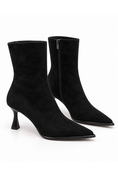KM shoes Kadın Siyah Süet Fermuarlı İnce Topuklu Şık Bot