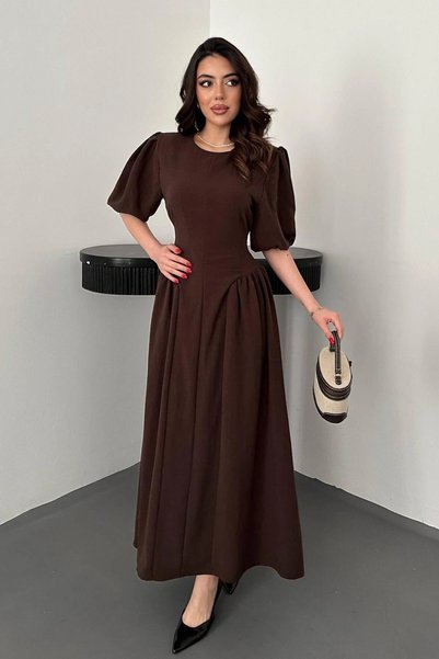 bysocafashion فستان كتان برباط خلفي وحزام - بني