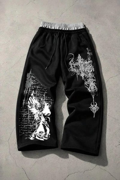 1blood Siyah Tribal Angel Gotik Harajuku Ek Detaylı Y2K Unisex Eşofman