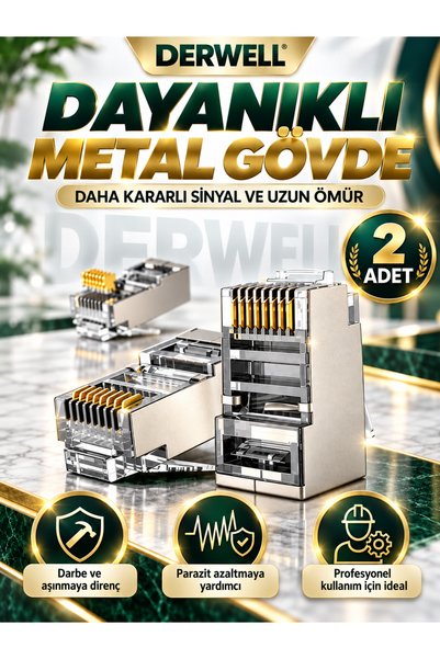 Derwell 2 Adet - RJ45 Cat6 Konnektör Metal Gövdeli Ağ Kablosu Jakı Altın Kaplama Kontak Yüksek Performanslı Stabil İnternet Bağlantısı Kolay Montaj Sağlam Kilit Yapılı Ethernet Plug Uç