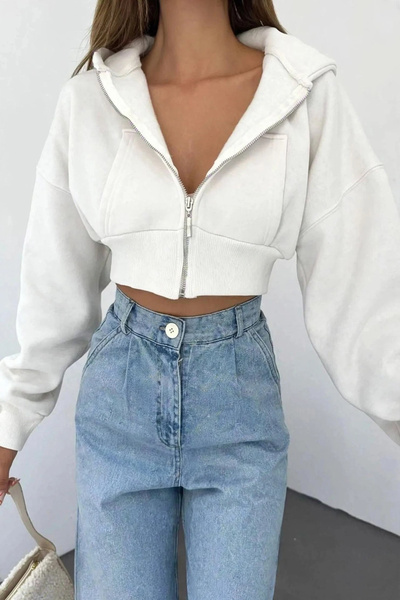 modaemay Fermuarlı Crop Hırka Kapüşonlu % 100 Pamuklu