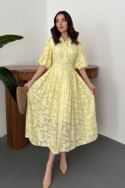 bysocafashion فستان بأكمام بالون وحزام أصفر - أصفر